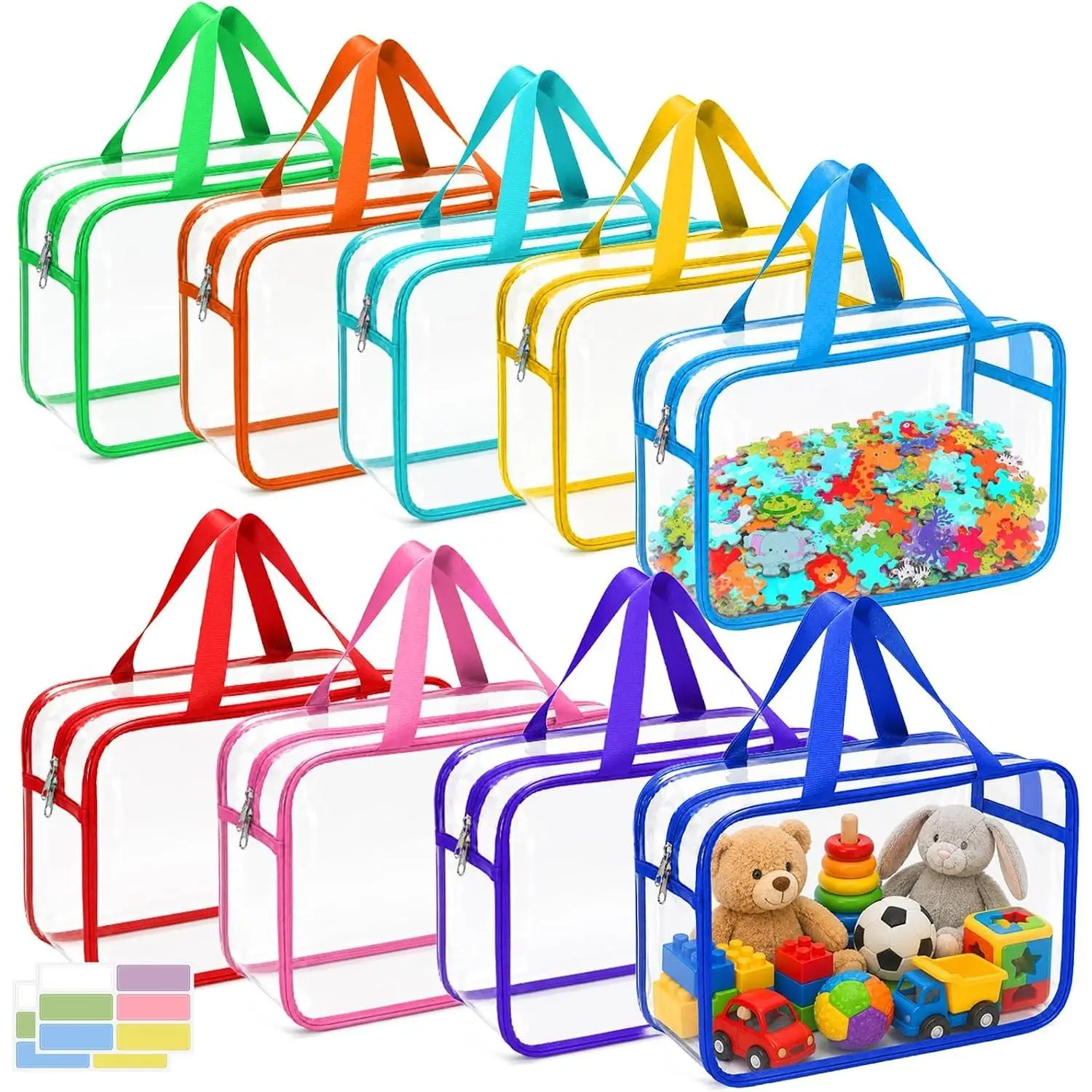 9 Packs 9 Colors Waterproof Toy Storage Bags, 11.8x8.7x4In Large Clear PVC Toy Organizer Bag with Labels, Dual Zippers and Portable Handheld Design, Board Game Storage for Building Blocks