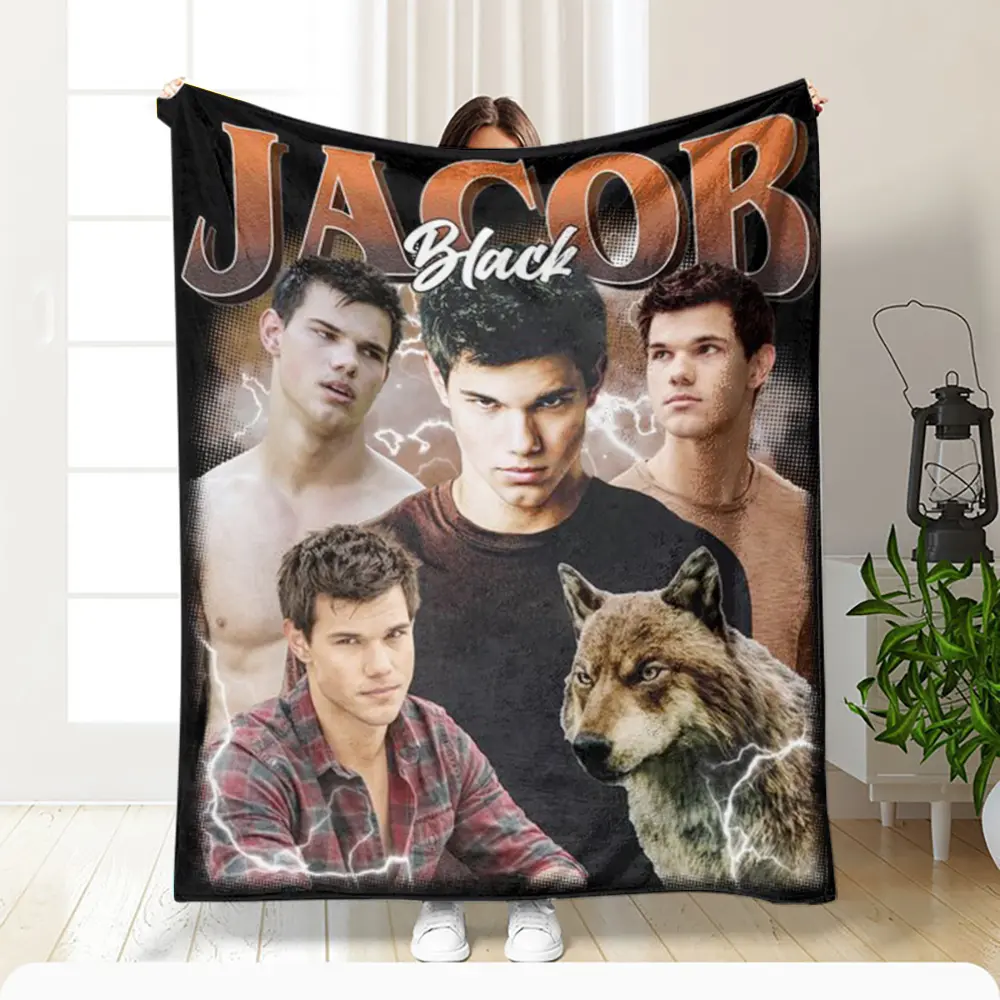 Twilight Jacob Black Wolf Character Flannel Blanket Featuring a Patchwork Design, Cozy And Warm, Perfect for Napping, As an Air Conditioning Blanket. It Is Suitable for Use on Beds And Sofas, As Well As for The Office, Camping, And Travel