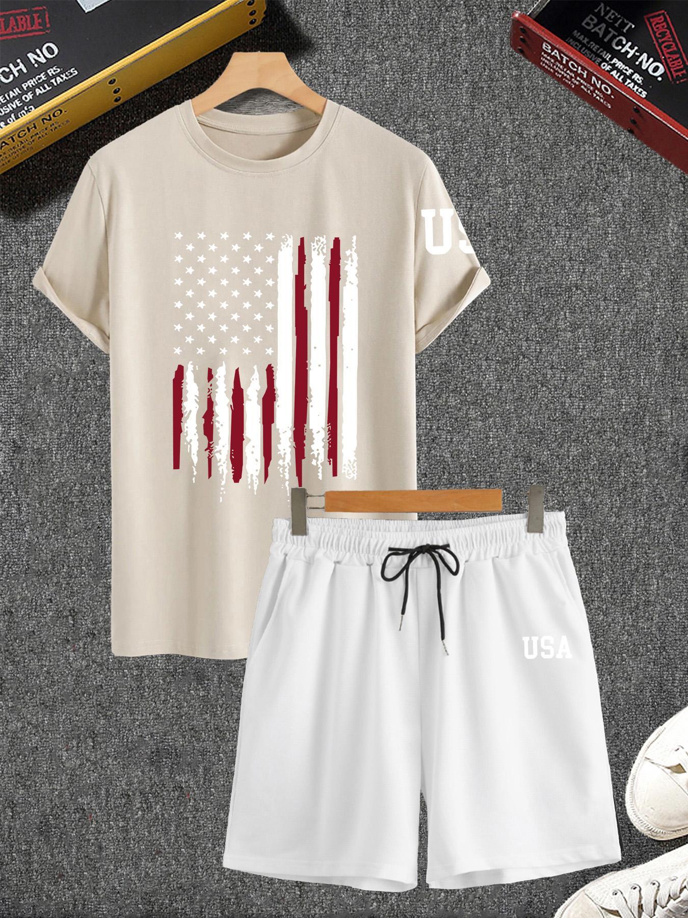 Two-piece Set Men's Flag Graphic Fitted Sleep Tee & Letter Print Elastic Drawstring Pocket Shorts Pajama Set, Comfy Men's Sleepwear & Loungewear Set for All Seasons