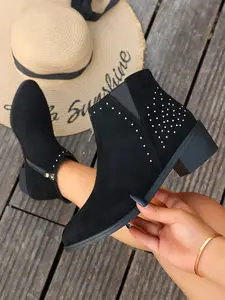Women's Suede Studded Chelsea Ankle Boots, Side Zipper Elastic Panel, Block Heel Short Booties, Fall Winter Daily Wear