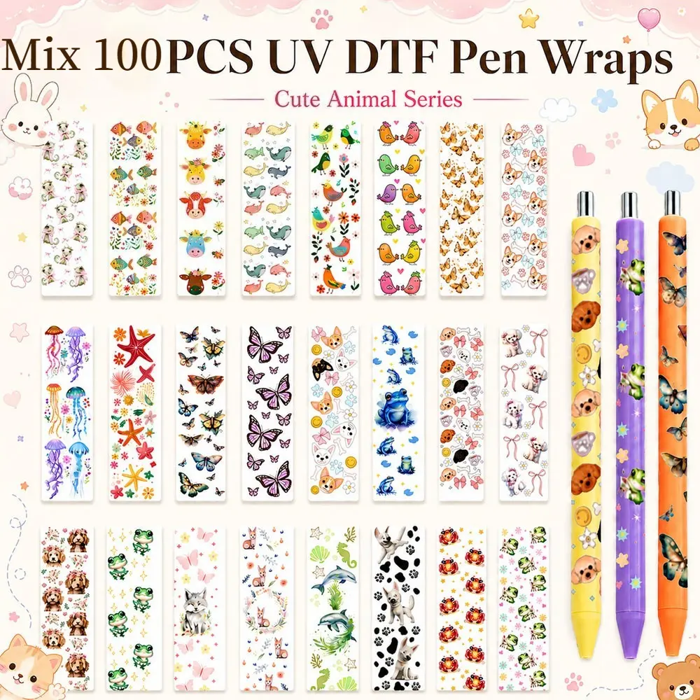 Mix 100Pcs Cute Animal UV DTF Pen Wraps Waterproof Transfer Stickers Woodland Animal Pattern Pen Decals for DIY Blank Pens Decorative Crafts Gifts