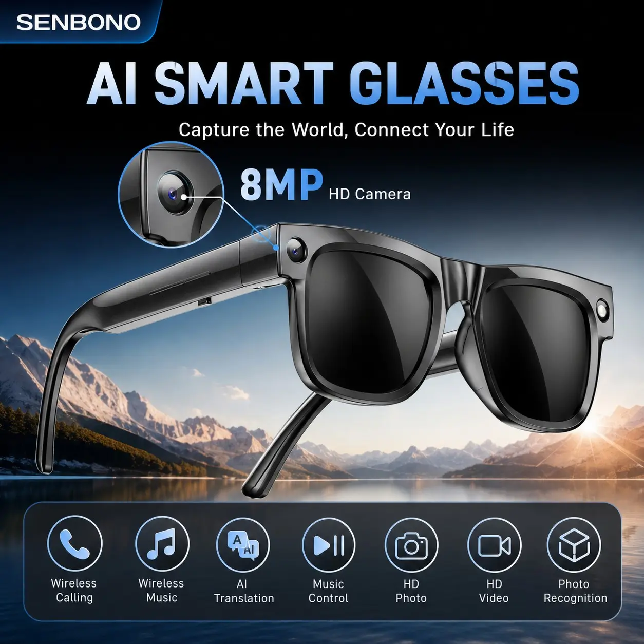SENBONO Touch Control Bluetooth Smart Glasses, Tap to Play Pause Skip Tracks and Adjust Volume, Physical Button for Photo Video Voice Recording 8MP Camera, Dual Interaction Design with Dual Speakers and Dual Mics for Commute Fitness Travel