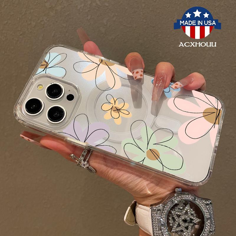 Magnetic Soft Case for iPhone17 Promax 16 Plus 15 14 13 12 11, Cartoon Flowers MagSafe Compatible,Springtok Aesthetic Pattern Design Lightweight,y2k cased,AntiScratch,and Trendy Protector Screen Protector Resistance Protection.HMG167