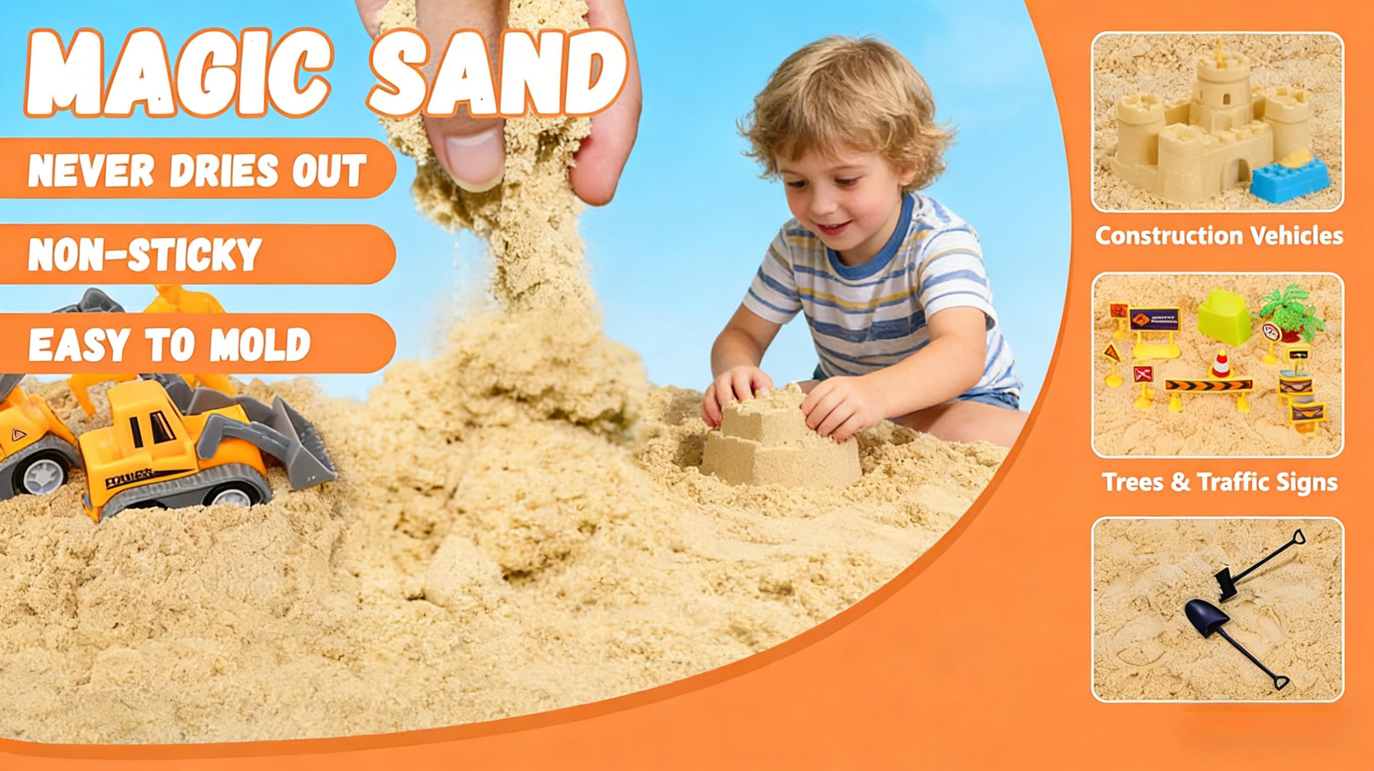 Play Sand Construction Set, 2.2lbs Magic Sand & 5 Construction Trucks, Sensory Sandbox with Cover for Boy Girl Kid Toddlers Age 3-8 Toddlers Christmas Birthday Gift