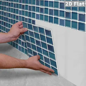 10PCS/Color Box GST Deep Sea Blue Glossy Small Rectangle Mosaic PE Foam Tile Stickers, Waterproof Oilproof Shock & Wear Resistant, Peel & Stick on Smooth Surfaces for Bedroom Kitchen Bathroom School Office Home & Commercial Wall Decoration
