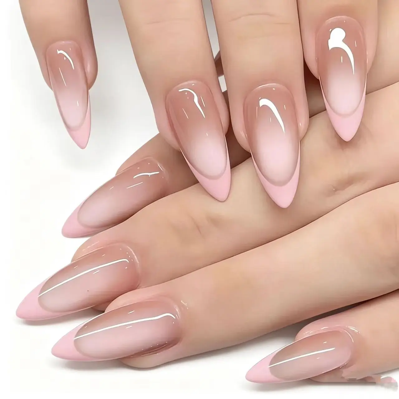 24 Pcs Long Almond Shape Nail Tips, Nude French Edge, Elegant Glitter False Nails, All Seasons, Wedding, Office, Date Night