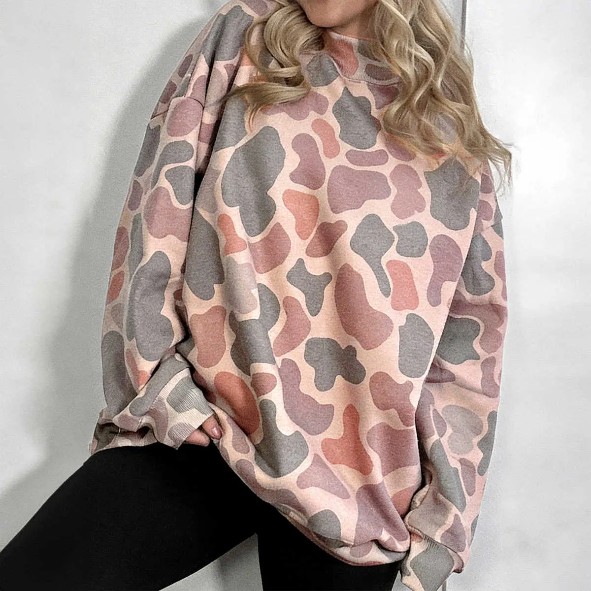 Women's Multicolour Camouflage Western Fashion Long Sleeve Pullover Sweatshirt, Oversized Drop Shoulder Crewneck, Breathable Fabric Casual Cowgirl Fall Athleisure Tops