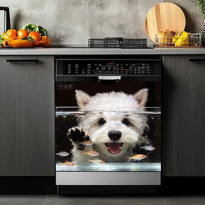 2D Flat 2Pcs Cute Puppy Aquarium Dishwasher Cover Sticker, Waterproof PVC Self-Adhesive Decal for Kitchen Appliance, Whimsical White Dog with Fish Design, Modern Home Decor, Refrigerator, Washing Machine, Decoration, Holiday