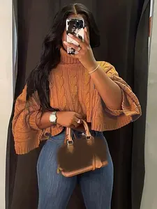 Women's Textured Split Sleeve Turtle Neck Cropped Sweater, Casual Solid Color High Neck Long Sleeve Jumper, Women's Knit Clothing for Daily Wear