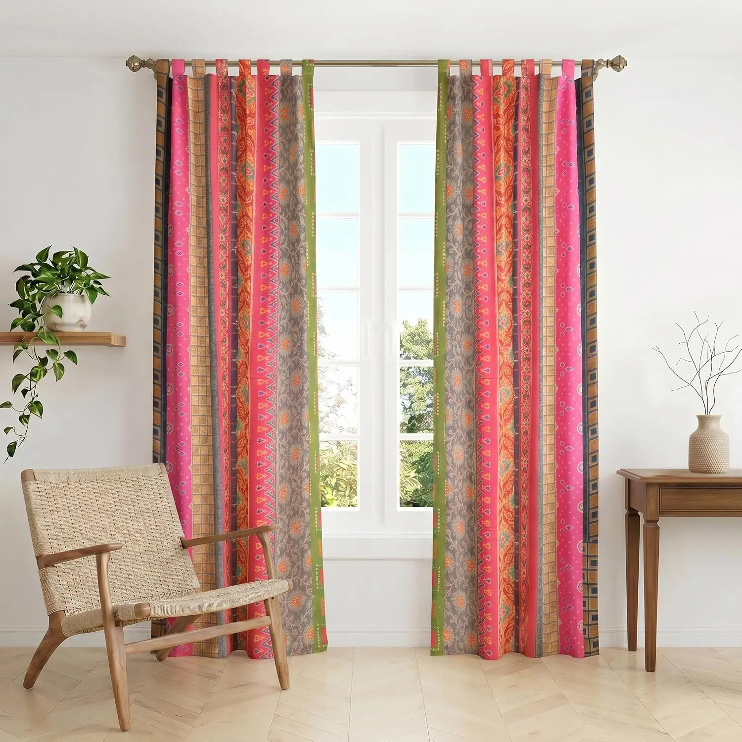 Multi Silk Sari Curtains – Boho Patchwork Window Panels, Indian Recycled Silk Blend Drapes for Living Room & Bedroom, 2 Panels 84 x 42 Inch