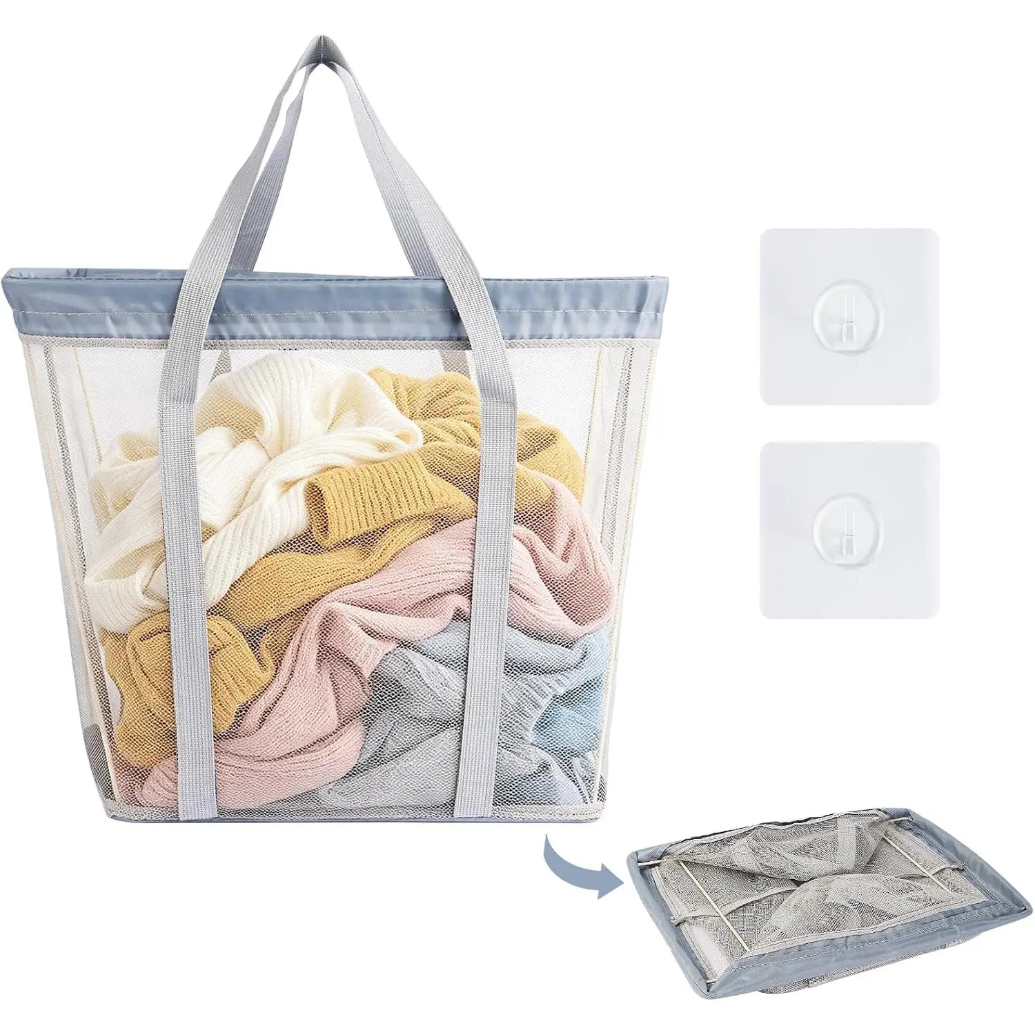 50L Foldable Mesh Laundry Basket Wall-Mounted Laundry Hamper |   Storage with Sturdy Handles & Capacity Buckle, Dirty Clothes Basket for Bedroom, Bathroom, Dorm