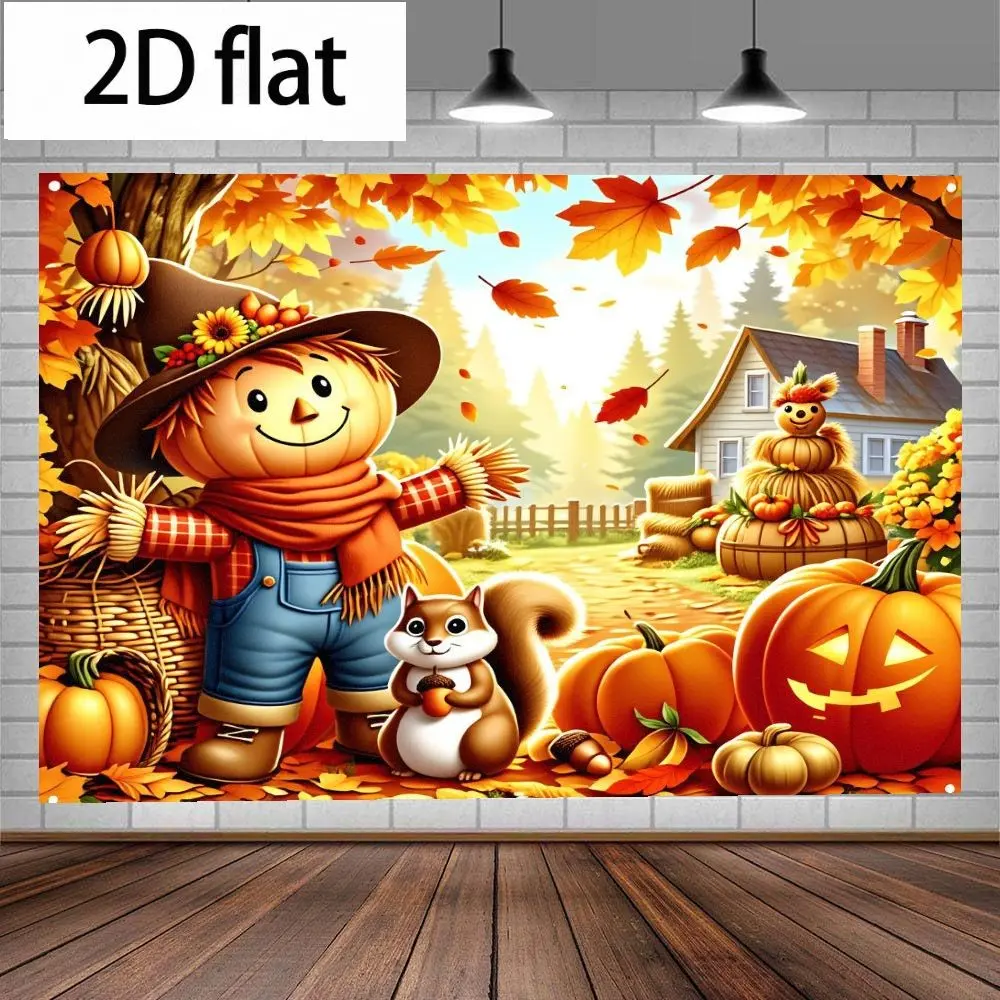 2D Flat Autumn Haystack Farm Harvest Background Cloth, Cartoon Haystack Squirrel Pumpkin Turkey Print Wall Decor, Thanksgiving Halloween Party
