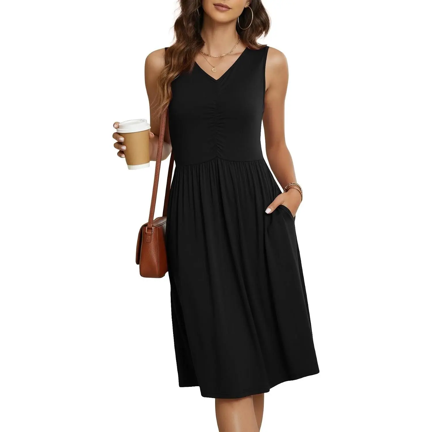 Summer Casual Dresses for Womens Tank Empire Waist Sun Dress Flowy V Neck Cold Shoulder Dresses with Pockets