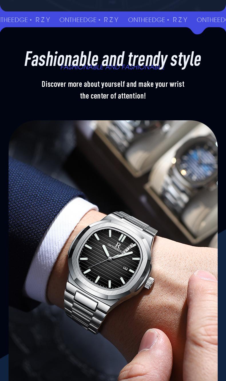 Men's Luxury Square Blue Dial Quartz Watch - Stainless Steel Wristwatch with Date, Luminous Hands, Waterproof, Classic Business Casual Dress Watch, Perfect Gift for Husband Dad