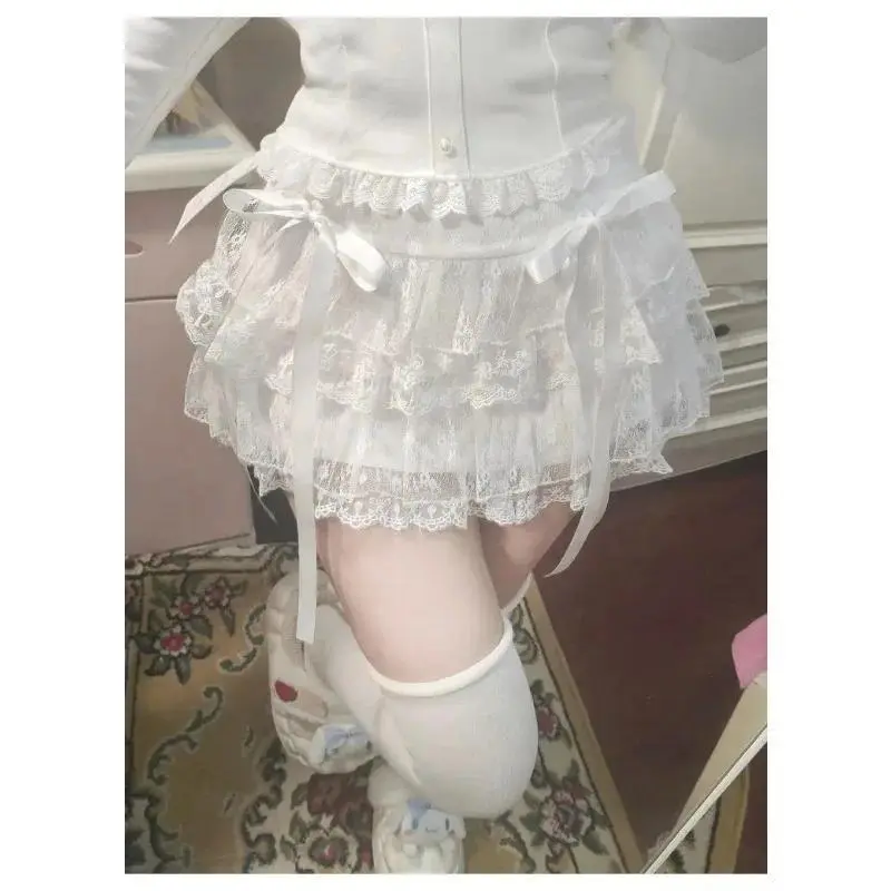 Lace Y2k Sweet Girl Summer Skirts Women Clothes White Mini Skirt High Waist Loose Grunge Korea Kawaii Cute A-line Fluffy Skirt