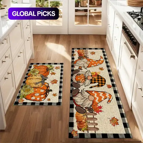 2Pcs Autumn Pumpkin and Three Dwarfs Floor Mat Set, Pumpkin Abstract Art Grid Printed Rugs For Kitchen Farmhouse Anti Fatigue Non Slip Washable Kitchen Restaurant Laundry Room Decoration Mat #GLOBAL PICKS
