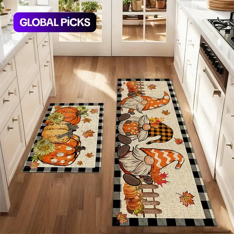 2Pcs Autumn Pumpkin and Three Dwarfs Floor Mat Set, Pumpkin Abstract Art Grid Printed Rugs For Kitchen Farmhouse Anti Fatigue Non Slip Washable Kitchen Restaurant Laundry Room Decoration Mat #GLOBAL PICKS