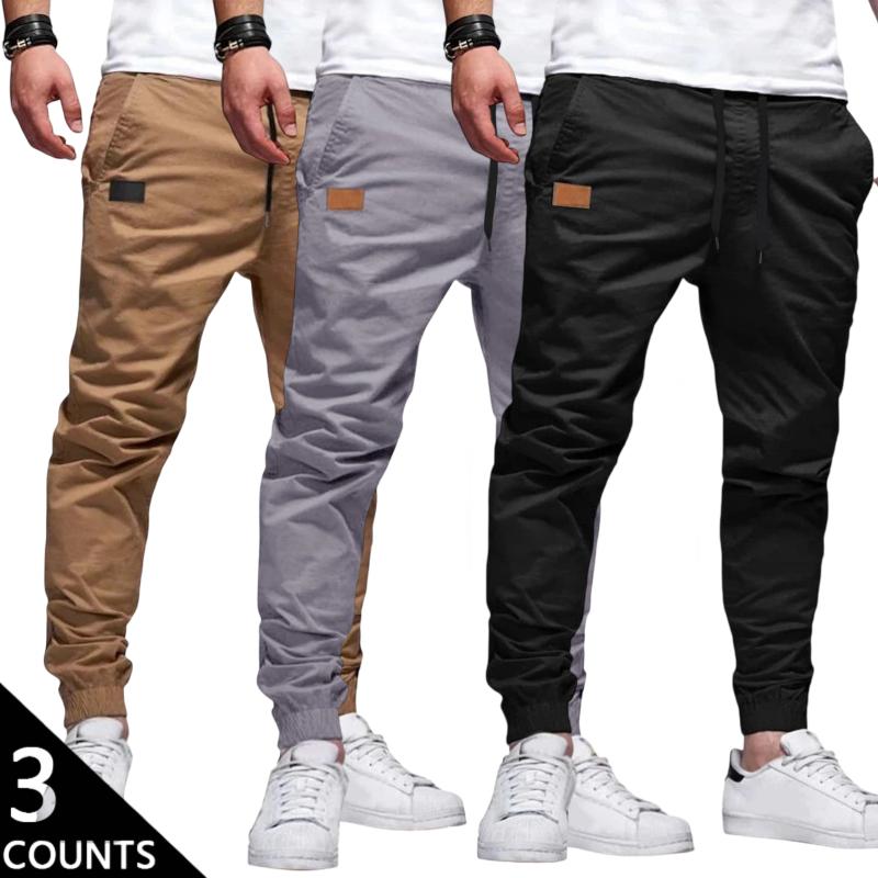 Men's 3-Pack Casual Jogger Pants - Khaki, Grey & Black Colors - Elastic Waist with Drawstring, Ribbed Cuffs, PU Patch Detail - Lightweight 100% Polyester Fabric - Perfect for Streetwear, Travel, Daily Wear - S-3XL Sizes