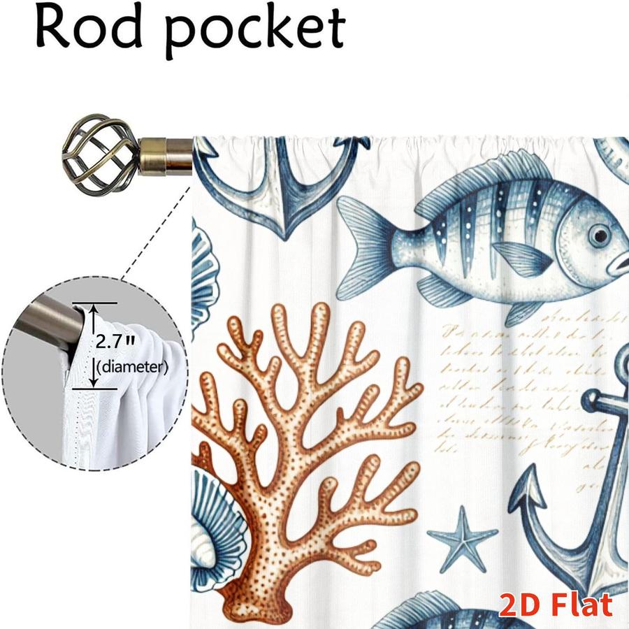 2 Pcs Nautical Themed Ocean Seahorse Fish Shell Anchor Pattern Sun Blocking Curtains Digital Printed Rod Pocket for Bedroom Office Kitchen Living Room Study Home Decor