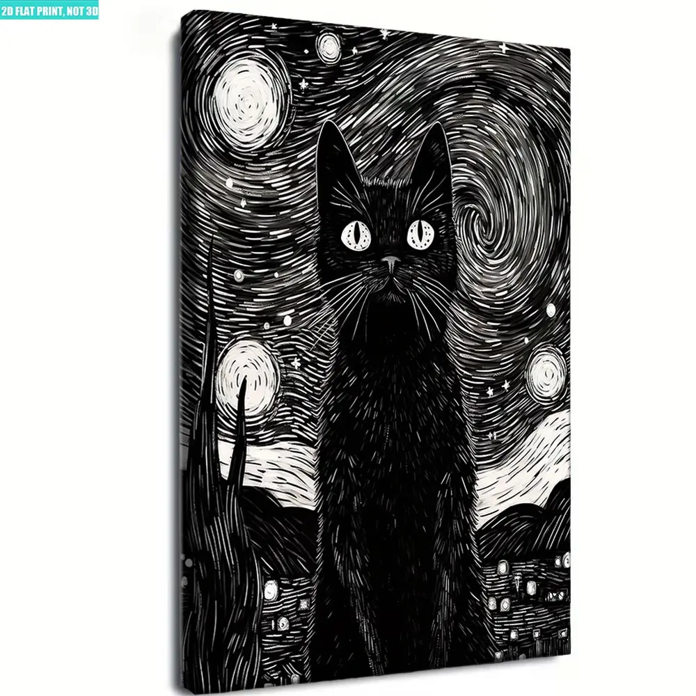 Van Gogh inspired cat starry sky framed canvas wall art poster, modern artistic decorative artwork ideal for bedroom, living room and bathroom home decor Personalized Pet Portrait Print church unique art decoration