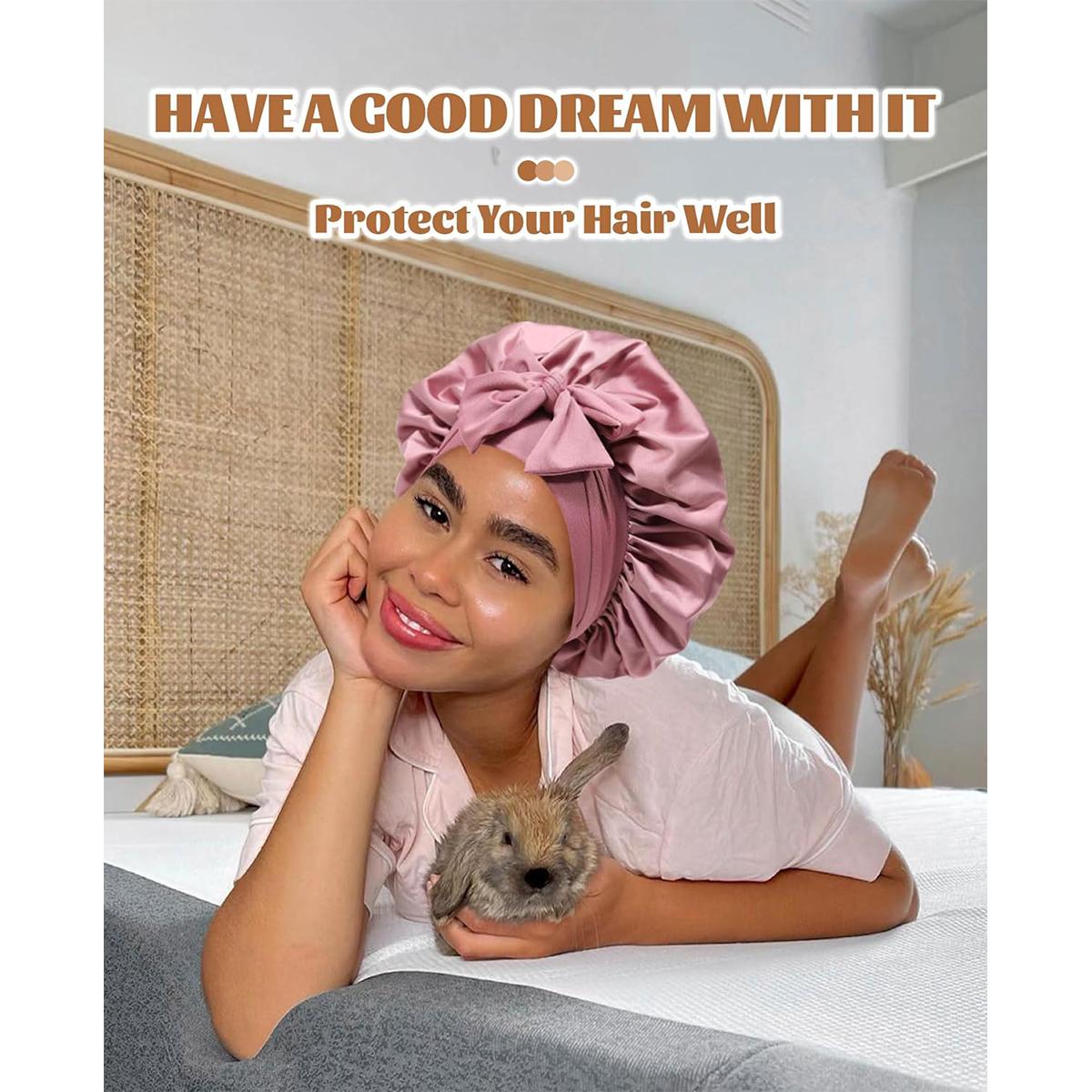 Reversible Double Layer Two-Color Satin Bonnet Silk Like Texture for Sleeping Cap Hair Bonnet with Elastic Tie Band for Curly Hair Night Cap