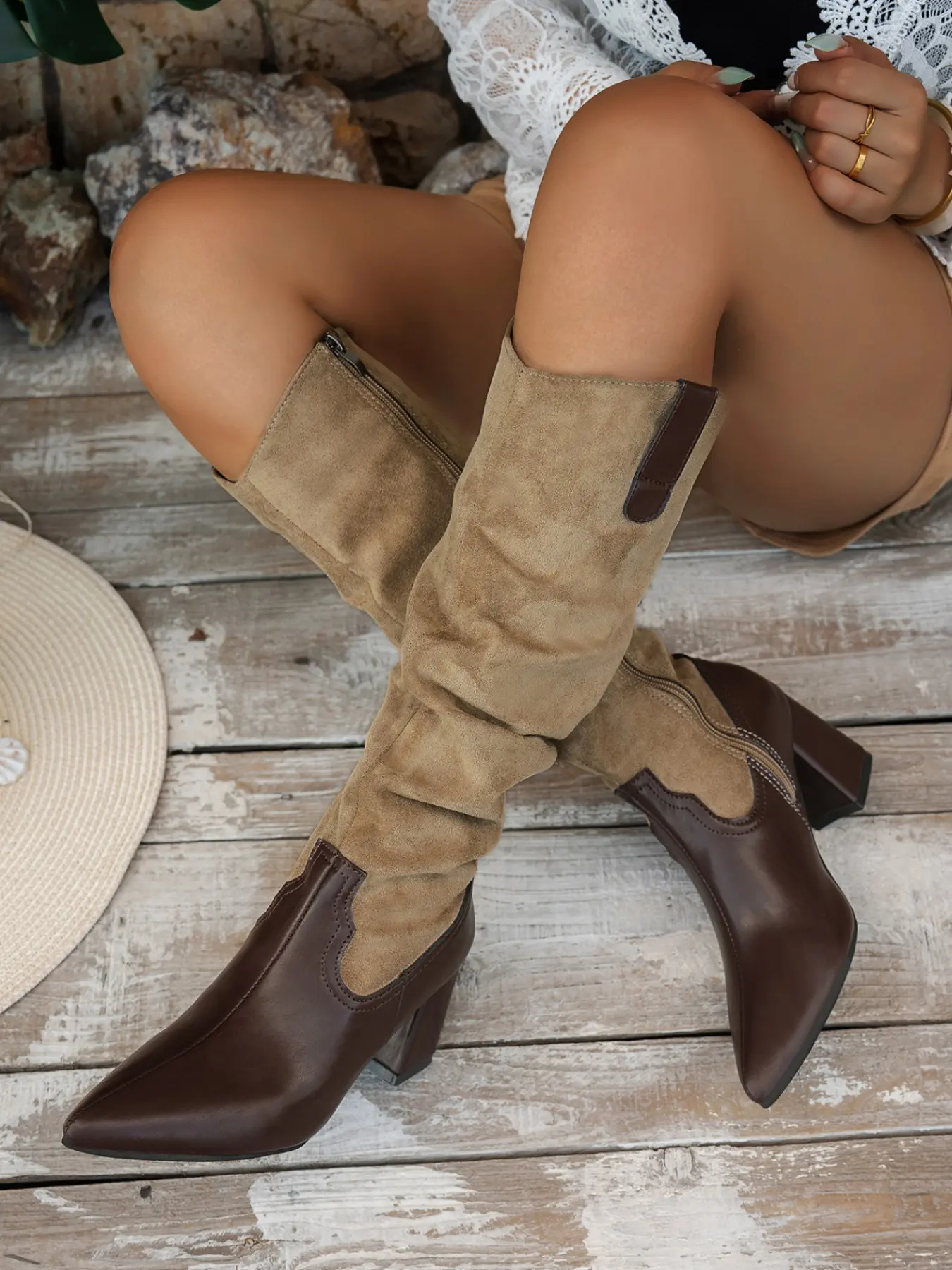 Women's Vintage Patchwork Leather Ruched Tall Boots, Pointed Toe Thick Heel Western Cowboy Boots, Side Zipper Fall Winter Long Boots