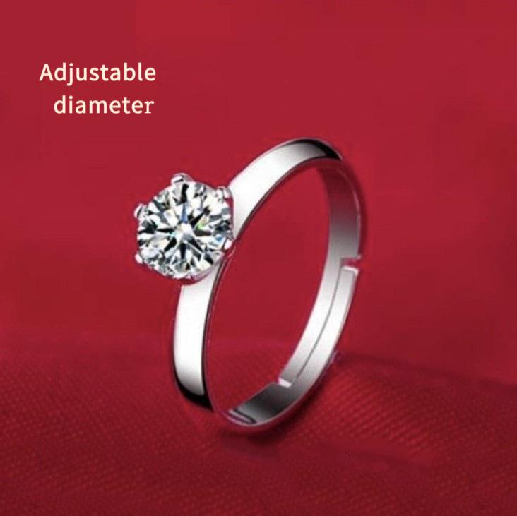 Six-prong simulated diamond ring, couple's open wedding ring, adjustable jewelry