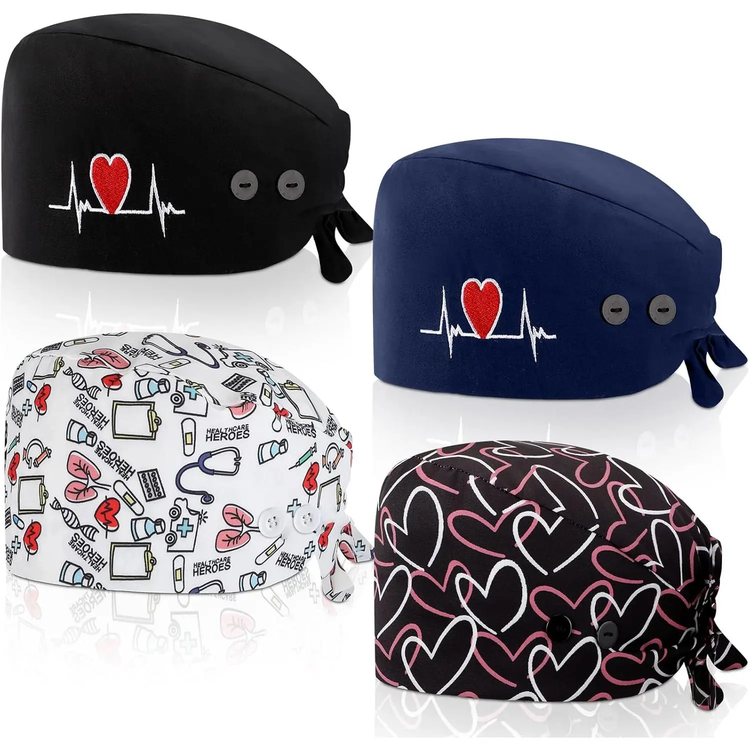 Female Simple Soft Nursing Hats (4 Pcs) - Adjustable Elastic Scrub Caps with Buttons, Sweatband for Nurses, Dentists | Sports & Outdoor Accessories, Black, Casual, Dental, Headwear