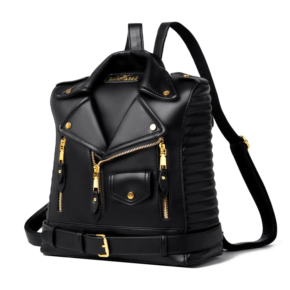 Women's Backpack, Vintage Steampunk Moto Jacket Leather Daypack for Adults, Large Capacity with Metallic Details for Holiday Travel & Riding, Cowhide, Belted, Cow Hide, Anti-Theft, Chic, Multi-Use, Zipper, Adjustable Shoulder Strap, Clothes, Artificial Le