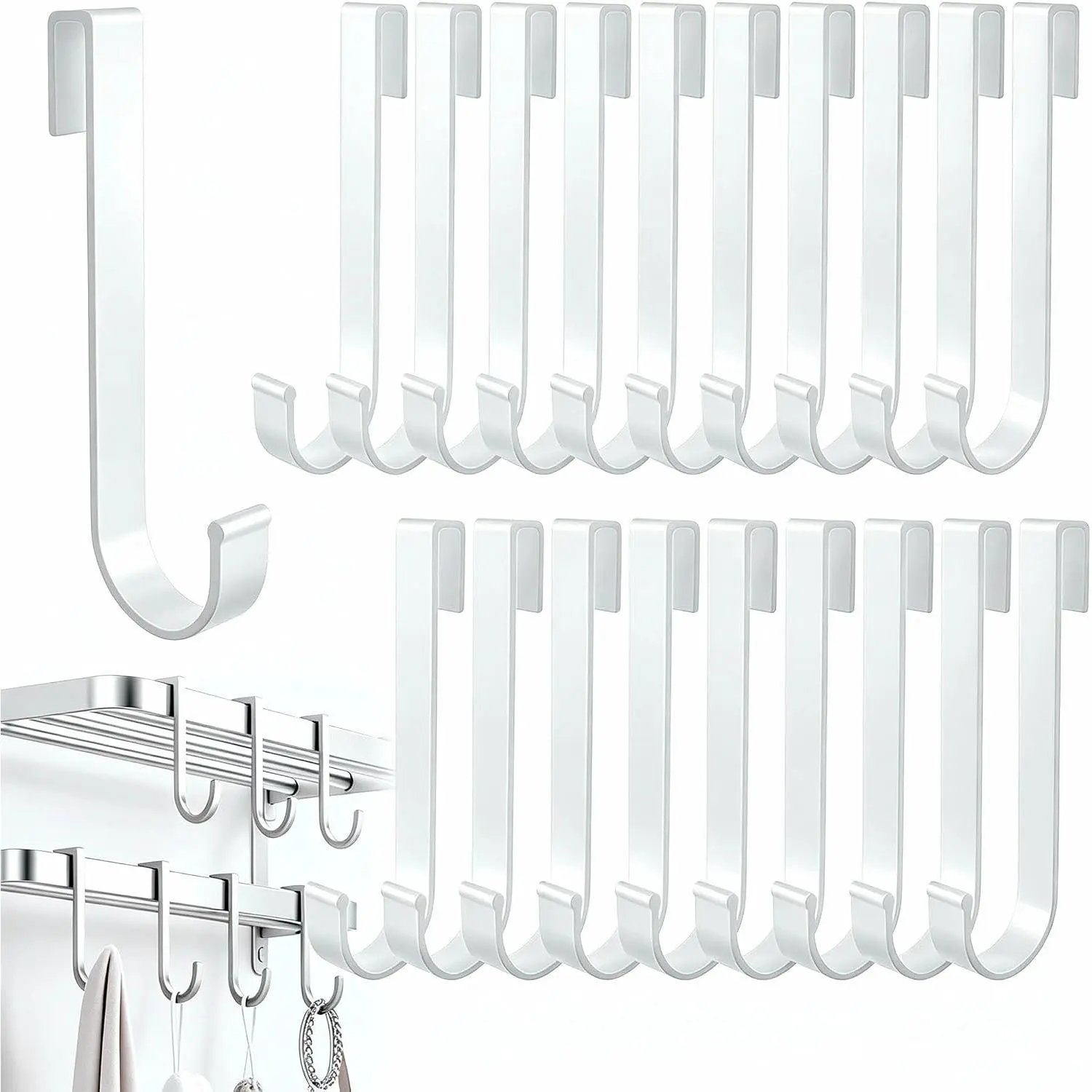 20 count J Shaped Hooks,  & White Clip- Hooks for Wire Rack, Grid Wall, Kitchen, Pots, Pans, Utensils, , Towels – Heavy Duty