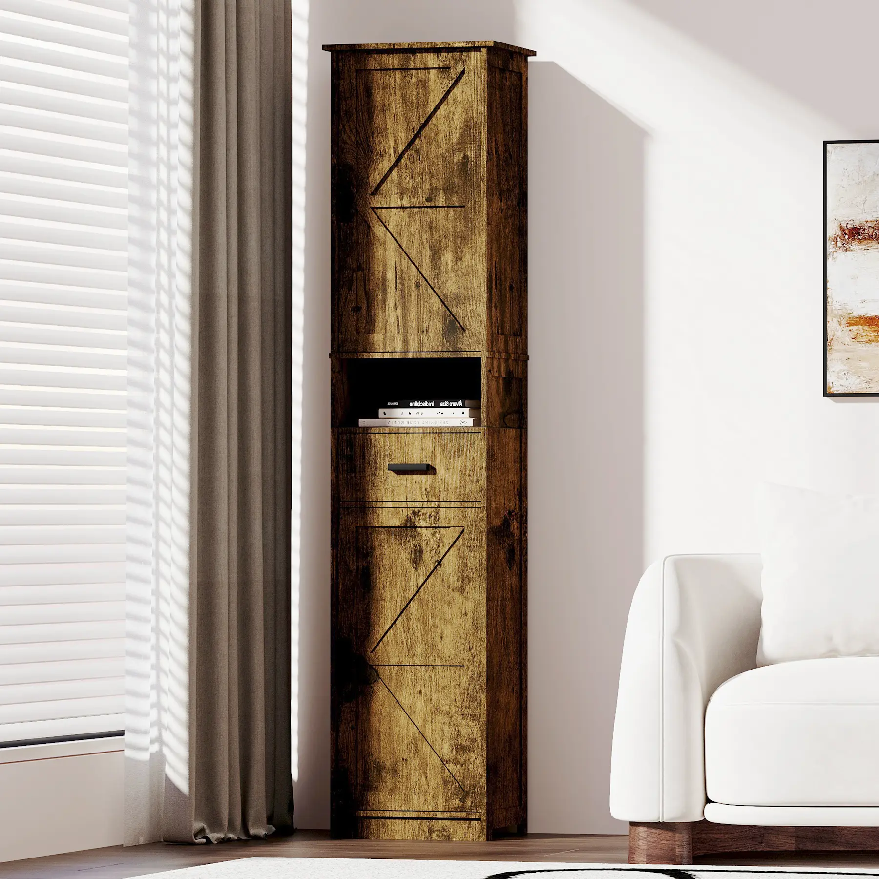 ARCH 69" Tall Bathroom Floor Storage Cabinet with 2 Barn Doors and 1 Drawer, Narrow Vintage Particle Board Cabinet with Adjustable Shelves, Freestanding Linen Tower for Bathroom, Living Room, Entryway, Kitchen, 7 Compartments, Vintage Color Options