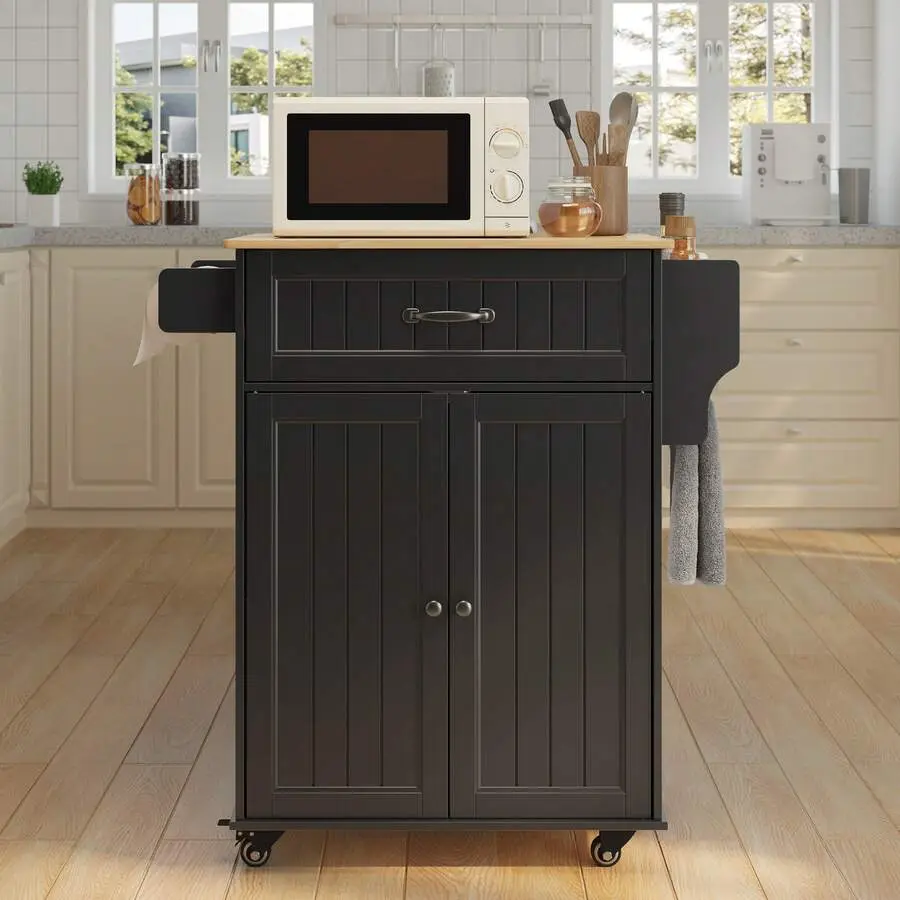 Island Cart With Adjustable Shelf, 33" W Mobile Trolley Cart On Metal Wheels With Drawer & Storage Cabinet, Spice Rack & Towel Rack, Dining Room, Bar,  Tabletop-Oak Color