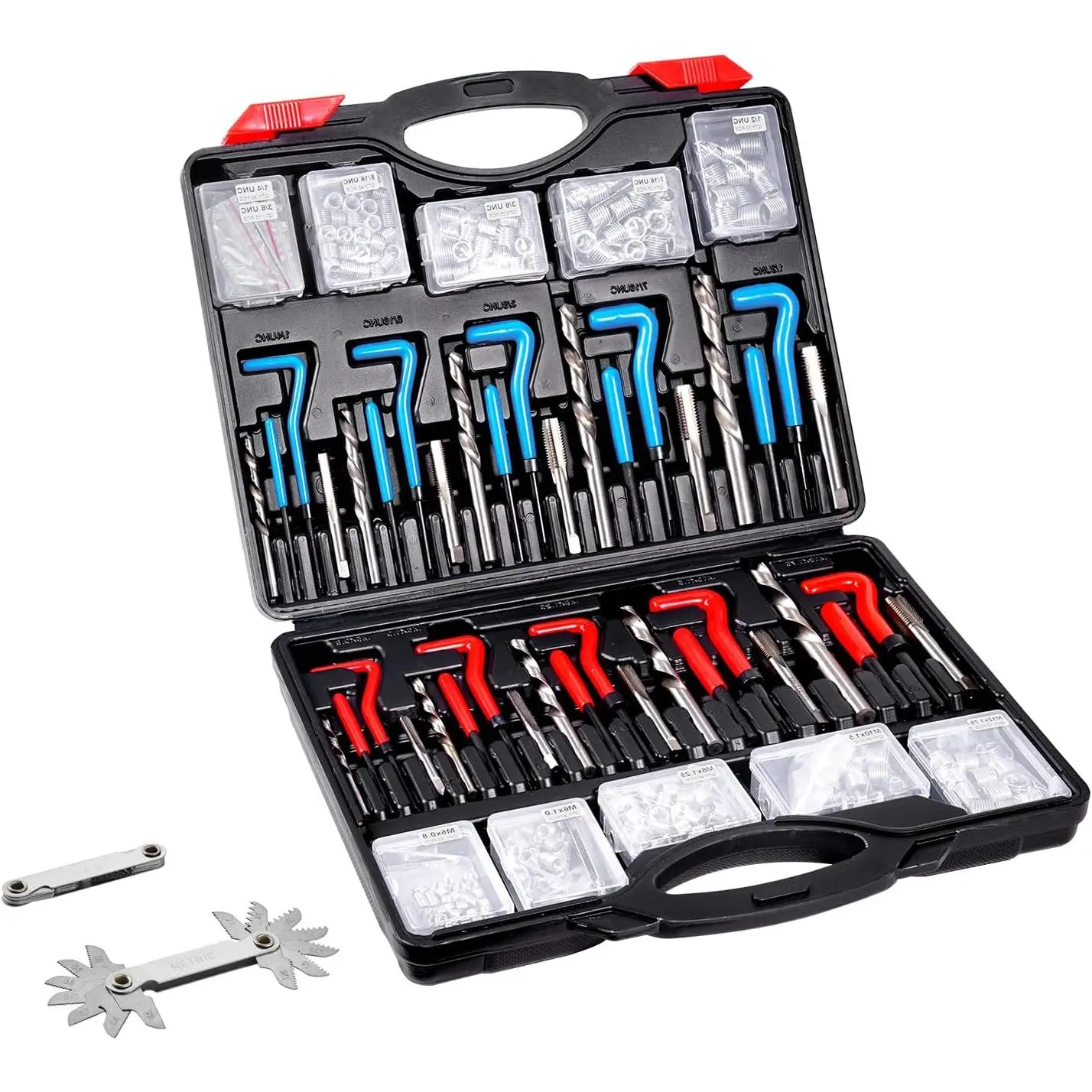 Helicoil Thread Repair Kit-338-Piece SAE HSS Drill Inserts Taps & Tools M5,M6,M8,M10,M12,1/4",5/16",3/8",7/16",1/2" Rethreading Tool Kit Insertion Rethreading Tools Universal Rethread Restorer