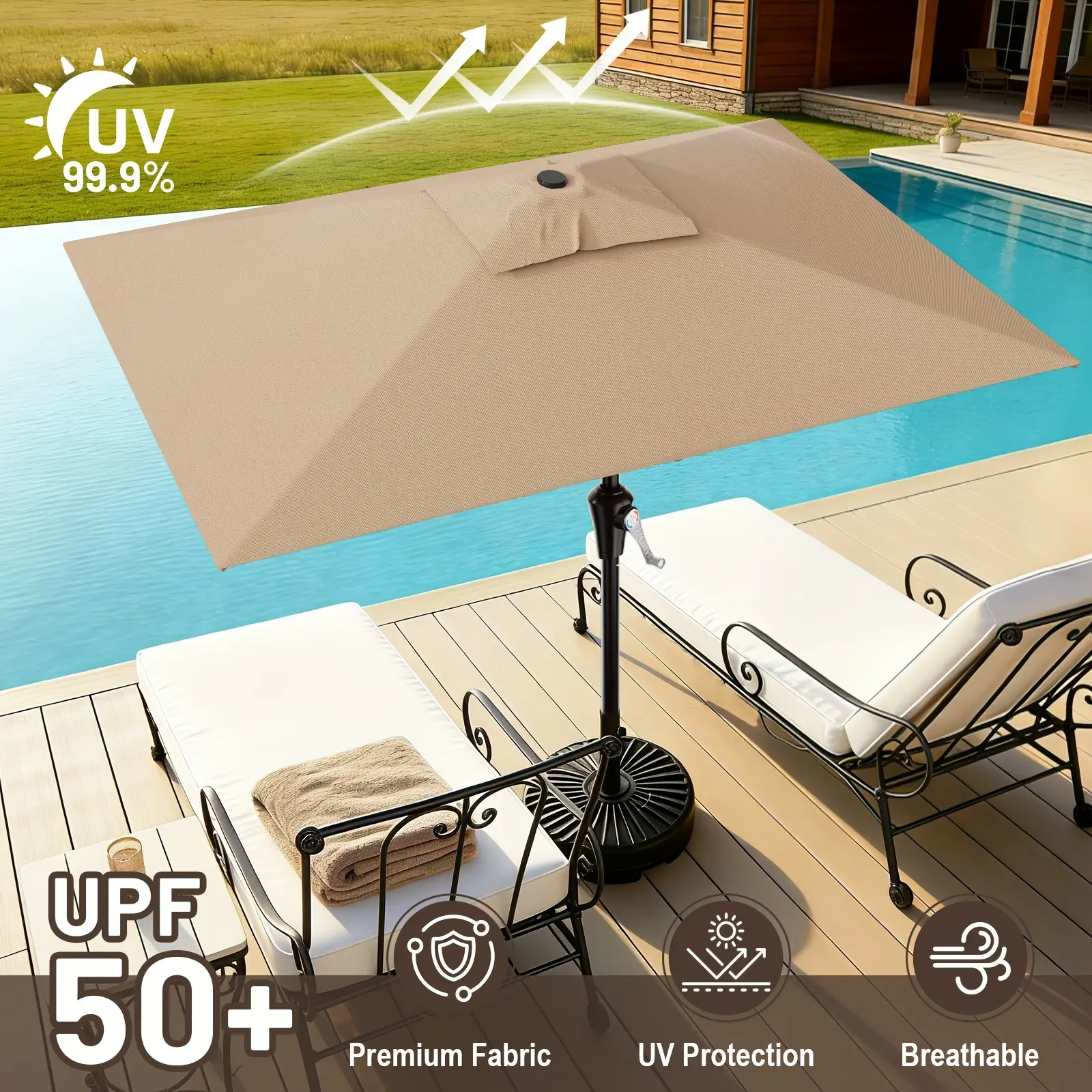 6.5X10 Ft Rectangular Patio Umbrella, Outdoor Rectangle Umbrella with 6 Sturdy Ribs, Pool Market Umbrella W/ Crank Sun Protection for Lawn, Garden, Balcony, Deck