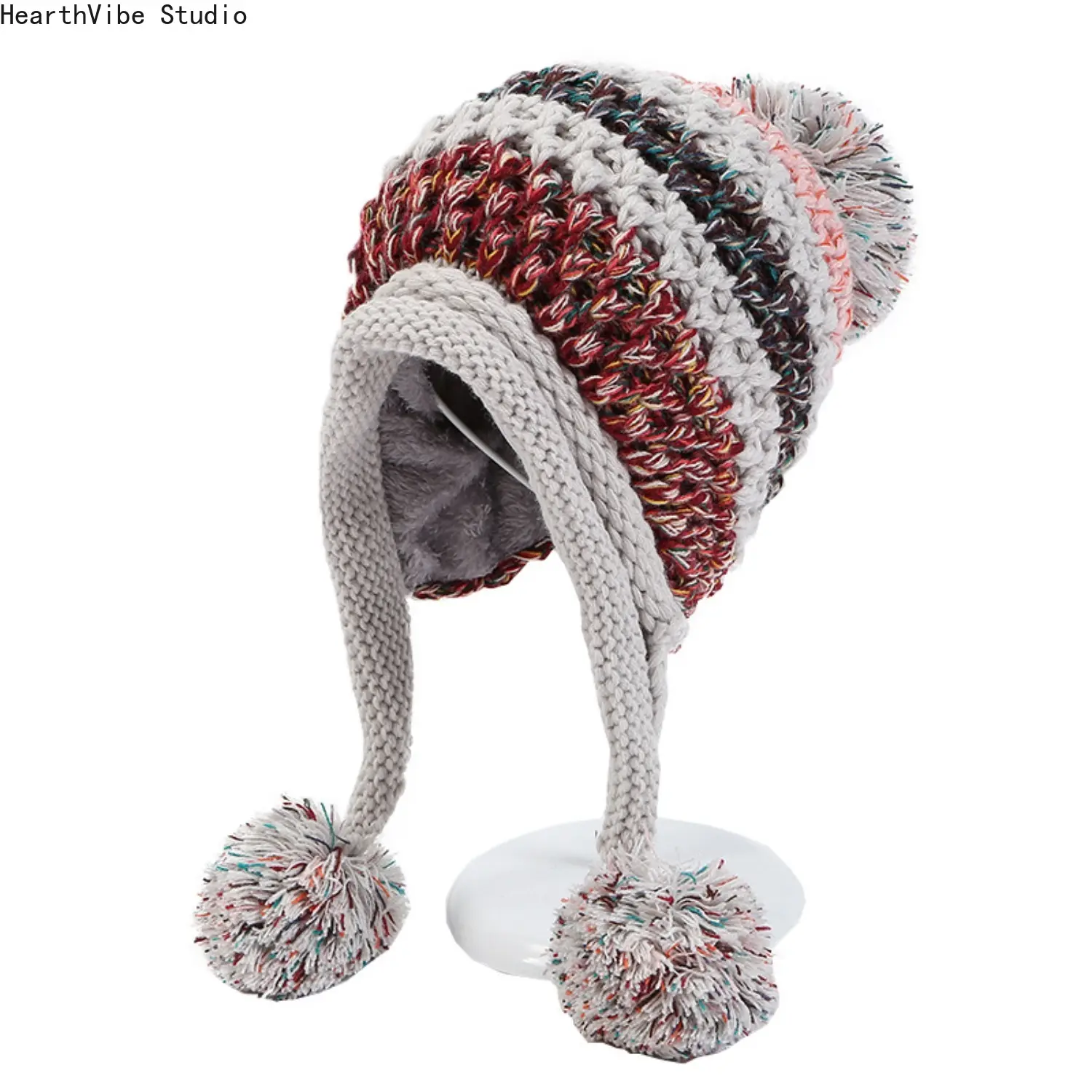 Women's Patchwork Cable Knit Earflap Windproof Cap - Thick Fleece Lined, Multicolor Pompon Trapper Hat, Warm Thermal, Unisex Wear for Cold Weather Skiing & Outdoor Sports
