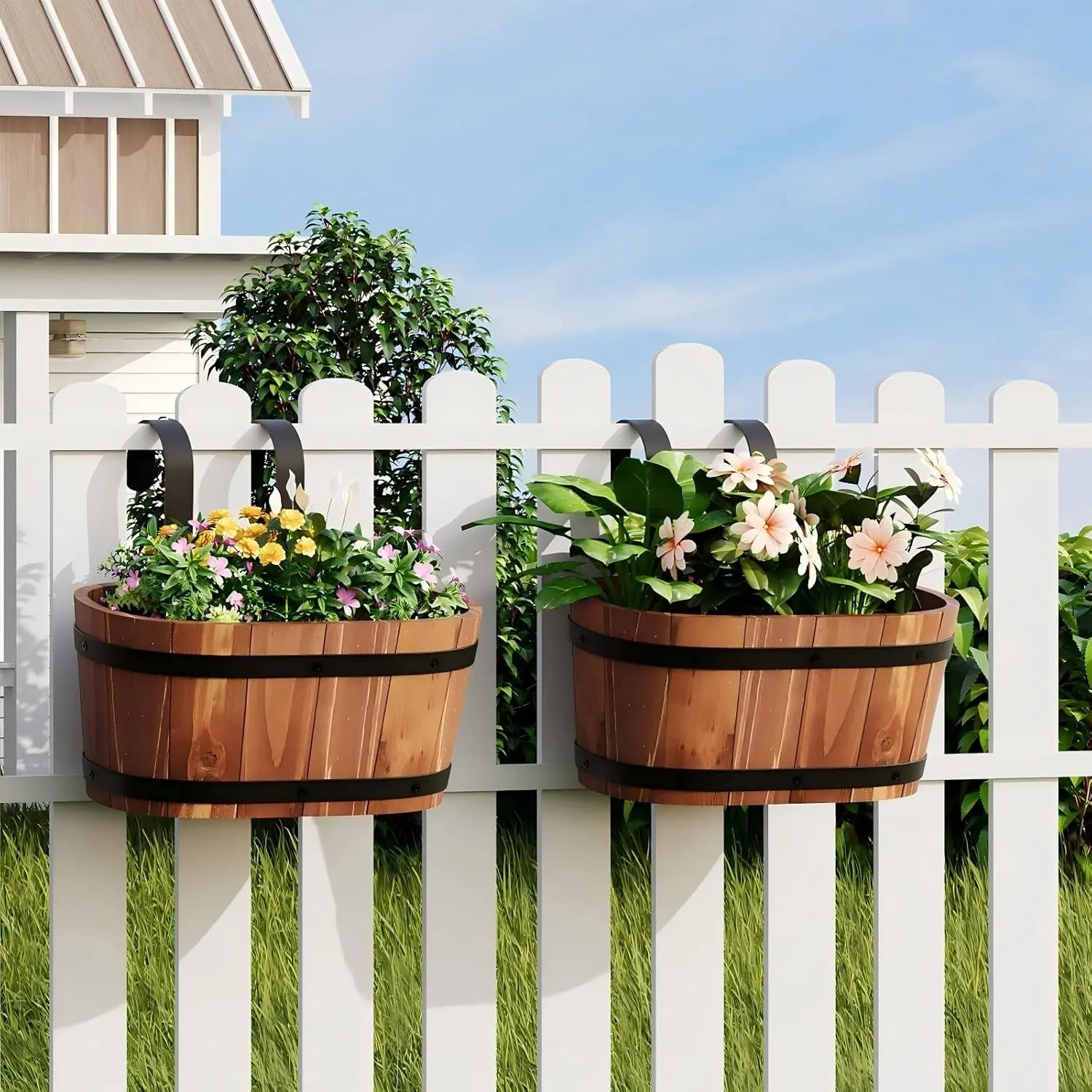 2Pack Cute Railing planter box Fence planters Window boxes planters porch Hanging Flower Pots for Railing Fence Outdoor Balcony Planters for Wall Hanging Bucket Pots plant Holder (Brown,Small)