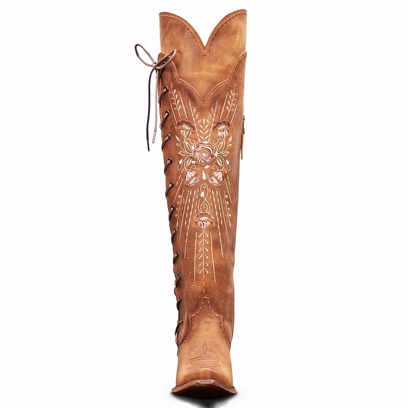 Women'sWideCalfCowboyBoots-EmbroideredWesternCowgirlOver-The-KneeLace-UpBootswithPointedToeChunkyHeel,SideZipper,All-SeasonDresses,Halloween,DressyFootwear,BreathableFootwear,DressyBooShoeWalkingShoesBa(Men'sSportswearSet)