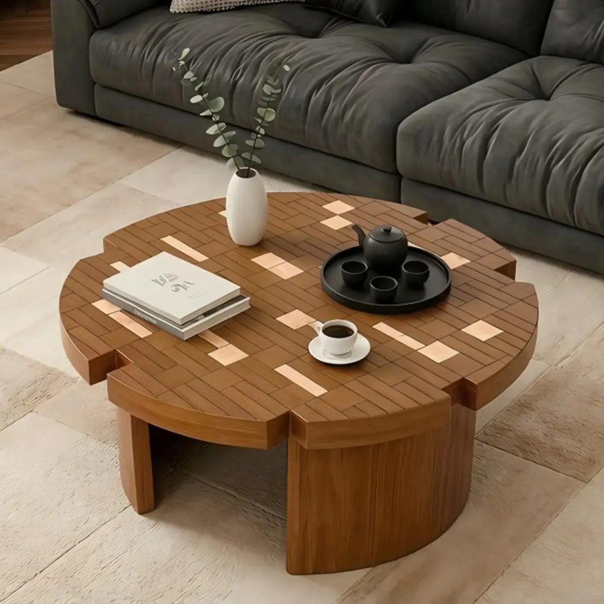 31.5'' Mid-Century Flower Petal Coffee Table, Handmade Mosaic Inlaid Wooden Round Center Table, Vintage Walnut Patchwork Coffee Table for Farmhouse Boho Living Room