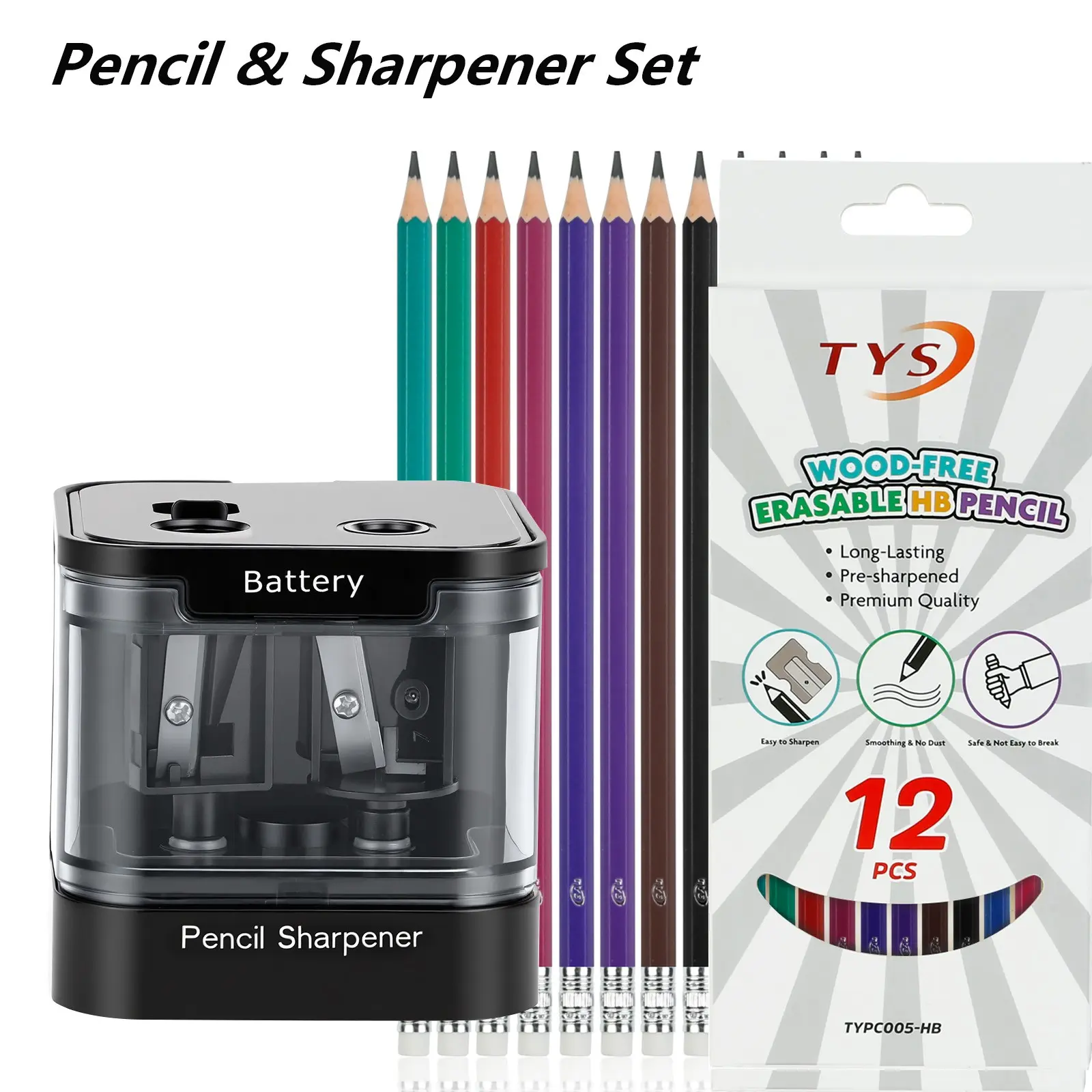 Dual Hole Electric Pencil Sharpener + 12 Pencils Set, Battery Powered, Push Start Auto Stop, Ideal for Writing & Drawing, Office & School Supplies, Study Supplies