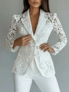 Lace Suit Jacket for Women, Spring Summer Lapel Two Button Waistcoat, Elegant Aesthetic Slim-Fitting Long Sleeve Outerwear for All Seasons