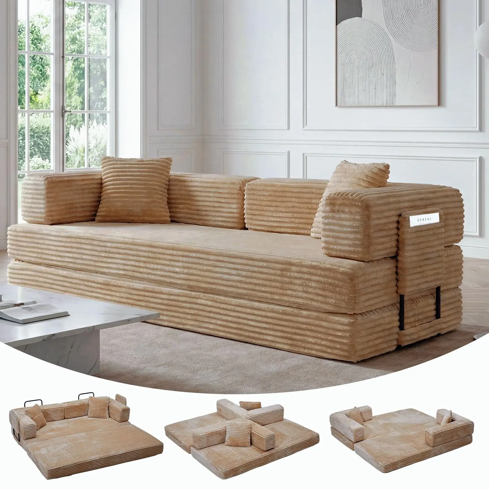 5-in-1 Corduroy Convertible Sofa Bed with Chenille Upholstery, 80.7" Loveseat Floor Bed Featuring No-Tool Folding Design and Removable Washable Cover, Ideal for Small Spaces in Living Room or Bedroom
