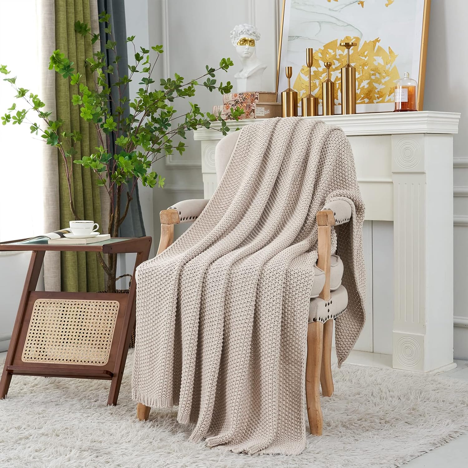 Chunky  Knit Throw Blanket Lightweight Beige   Cotton Blanket for Sofa Couch Bed  , Rustic Shabby Chic Modern Farmhouse, 51" x 63" Give  Bag