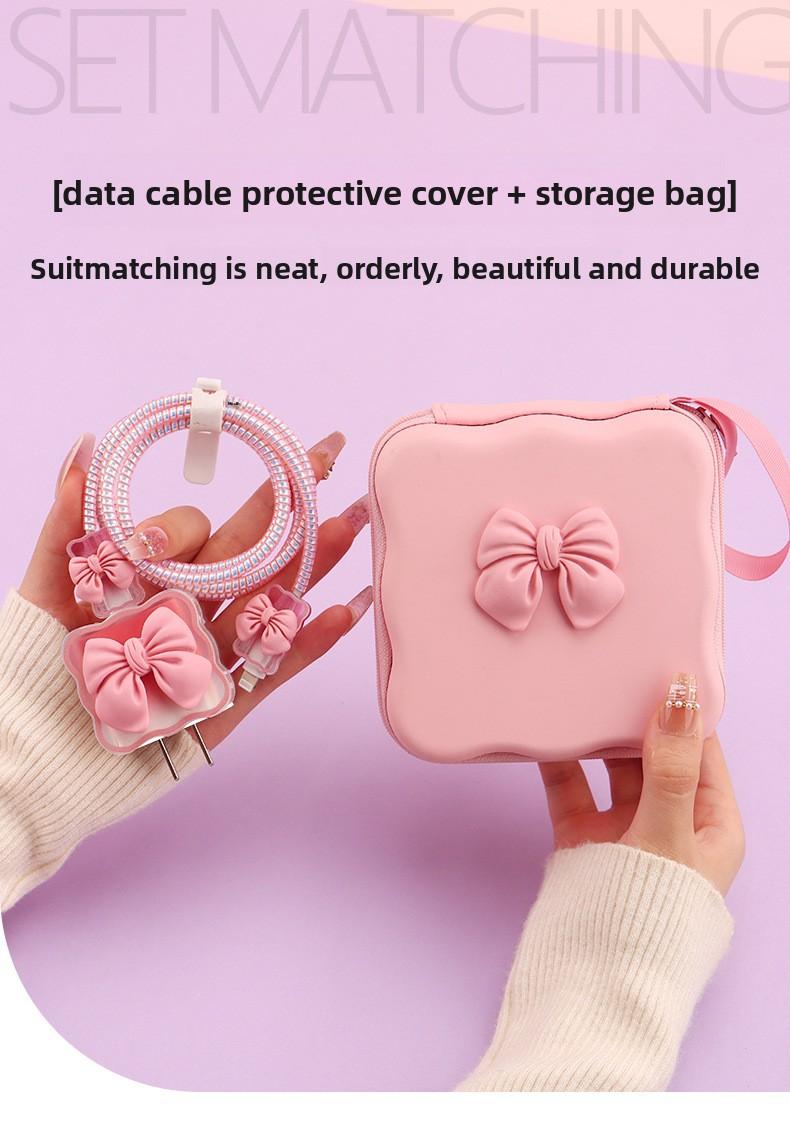 iPhone Charger Cable Protector Set with Cute Pink Bow, Only Compatible with Apple Original 18W/20W Adapter, Anti-Break Data Cable Organizer & Storage Bag for Women Girls (Charger & Cable Not Included)