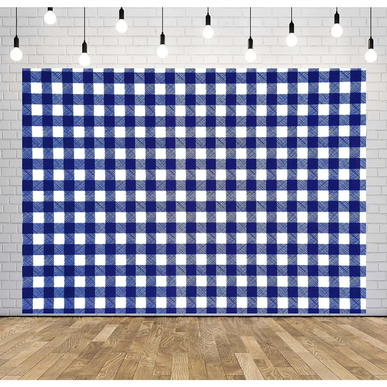 2D Fabric Blue Checkered Backdrop - Lightweight Wall Artwork, White-Blue Gingham Line Tablecloth, Hanging Festive Party Decor Banner for Christmas New Year, Spring Picnic Photography Prop Gift