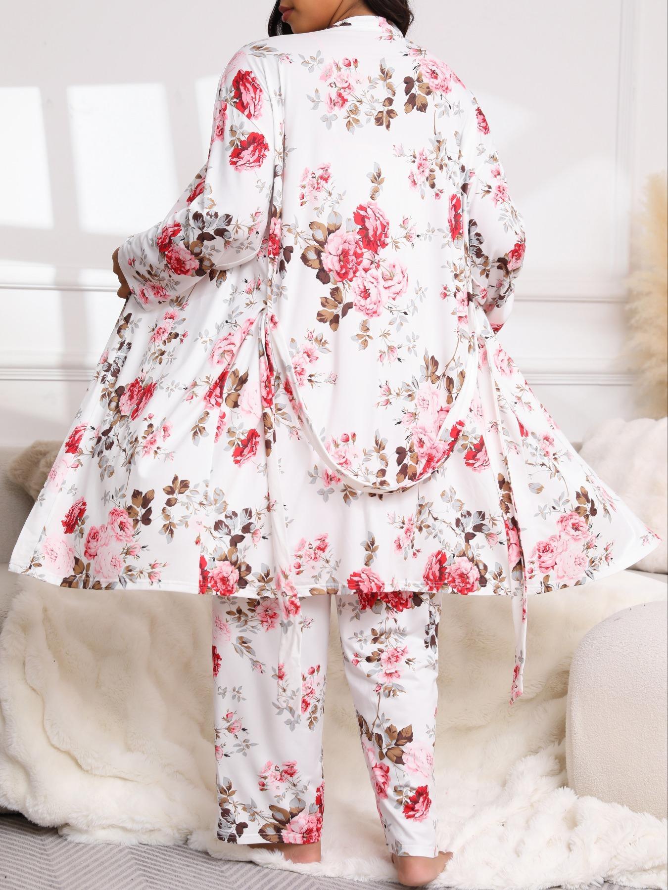 Plus Size 3-Piece Set Floral Print Belted Lounge Robe & Cami Top & Elastic Waist Pants Pyjama Set, Elegant Comfy Women's Sleepwear for Spring & Fall