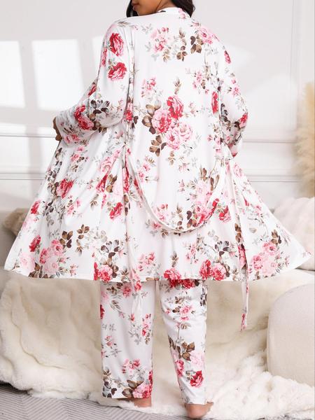 Plus Size 3-Piece Set Floral Print Belted Lounge Robe & Cami Top & Elastic Waist Pants Pyjama Set, Elegant Comfy Women's Sleepwear for Spring & Fall