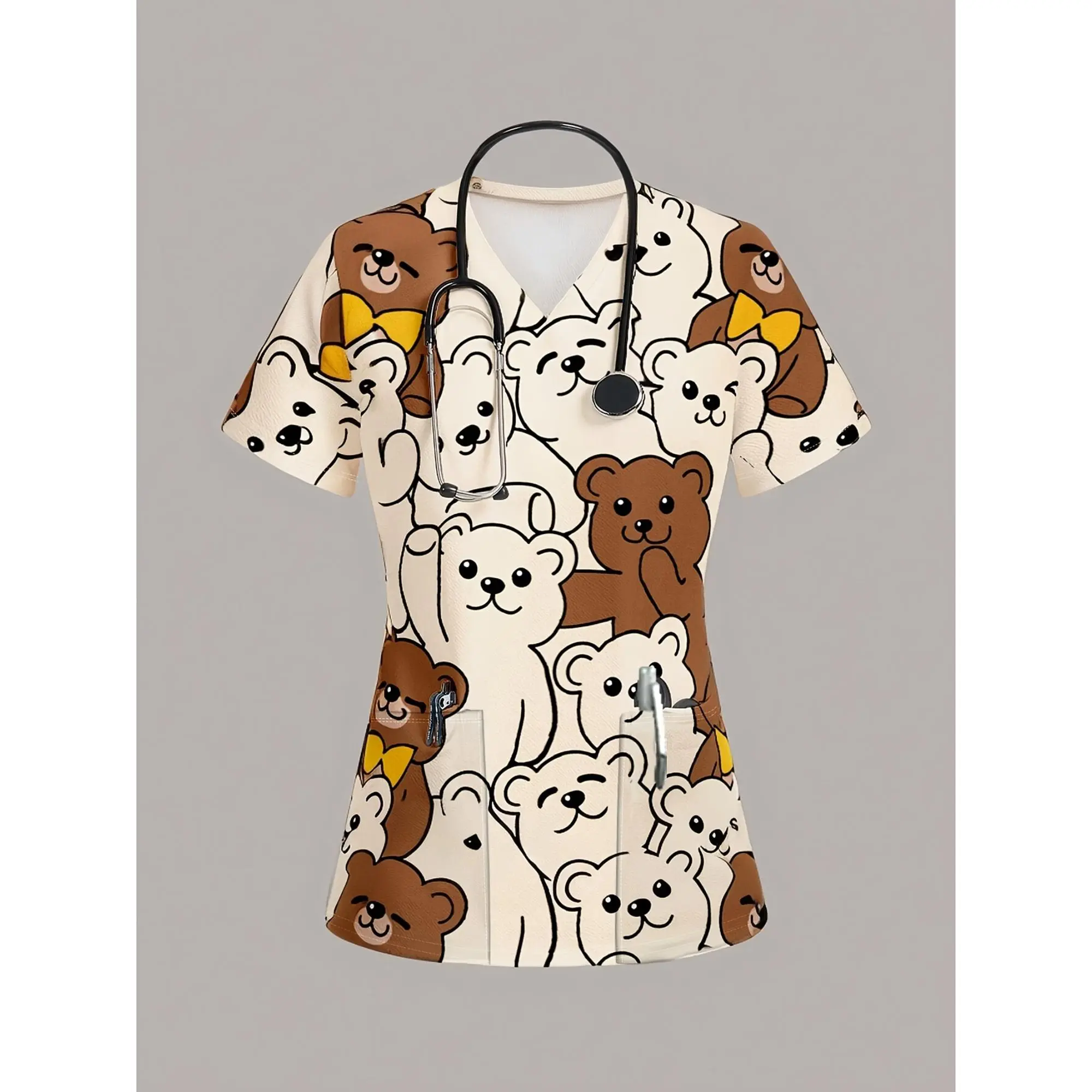 Bear Pattern Short Sleeve Elastic V-Neck Scrub Top, Comfortable And Practical Nurse Uniform Top, Women'S V-Neck Ripped Scrub Top, Women'S Short Sleeve V-Neck Nurse Uniform Top, with 2 Pockets