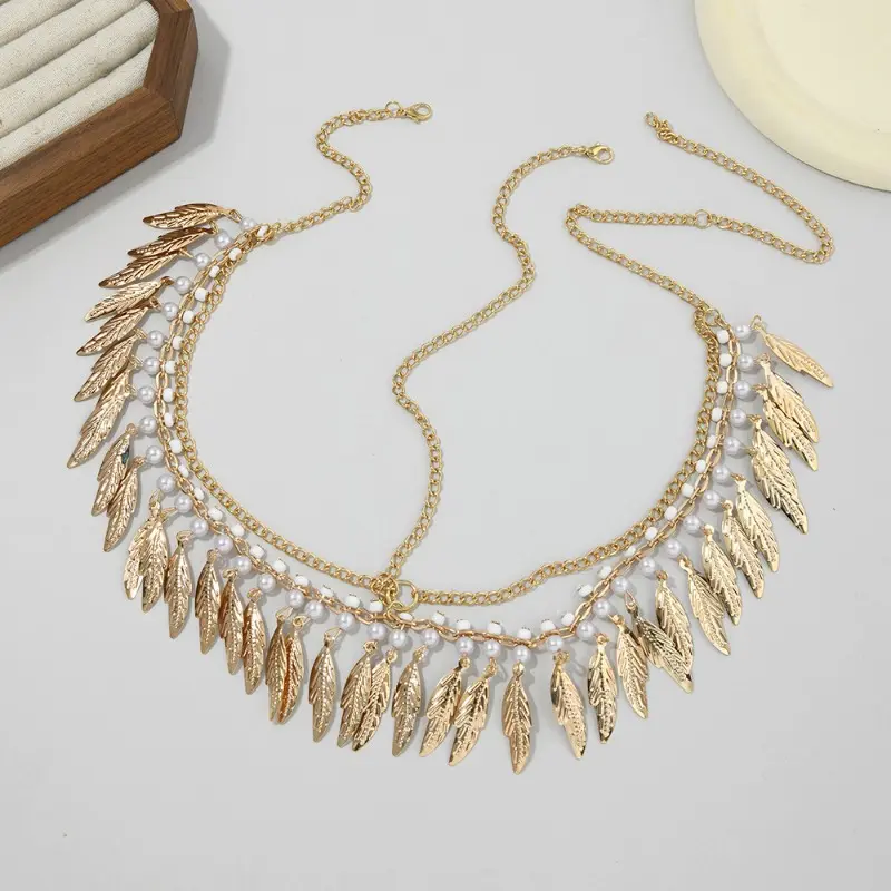 Women Head Chain | Viral Boho Vacation Hair Accessory Trend | Minimalist Gold Leaf Tassel Forehead Headpiece | Fashion European‑Style Head Jewelry For Bohemian Travel Outfit | Light‑weight Adjustable Sparkling Metal Craft | For Beach Getaway, Photoshoot &