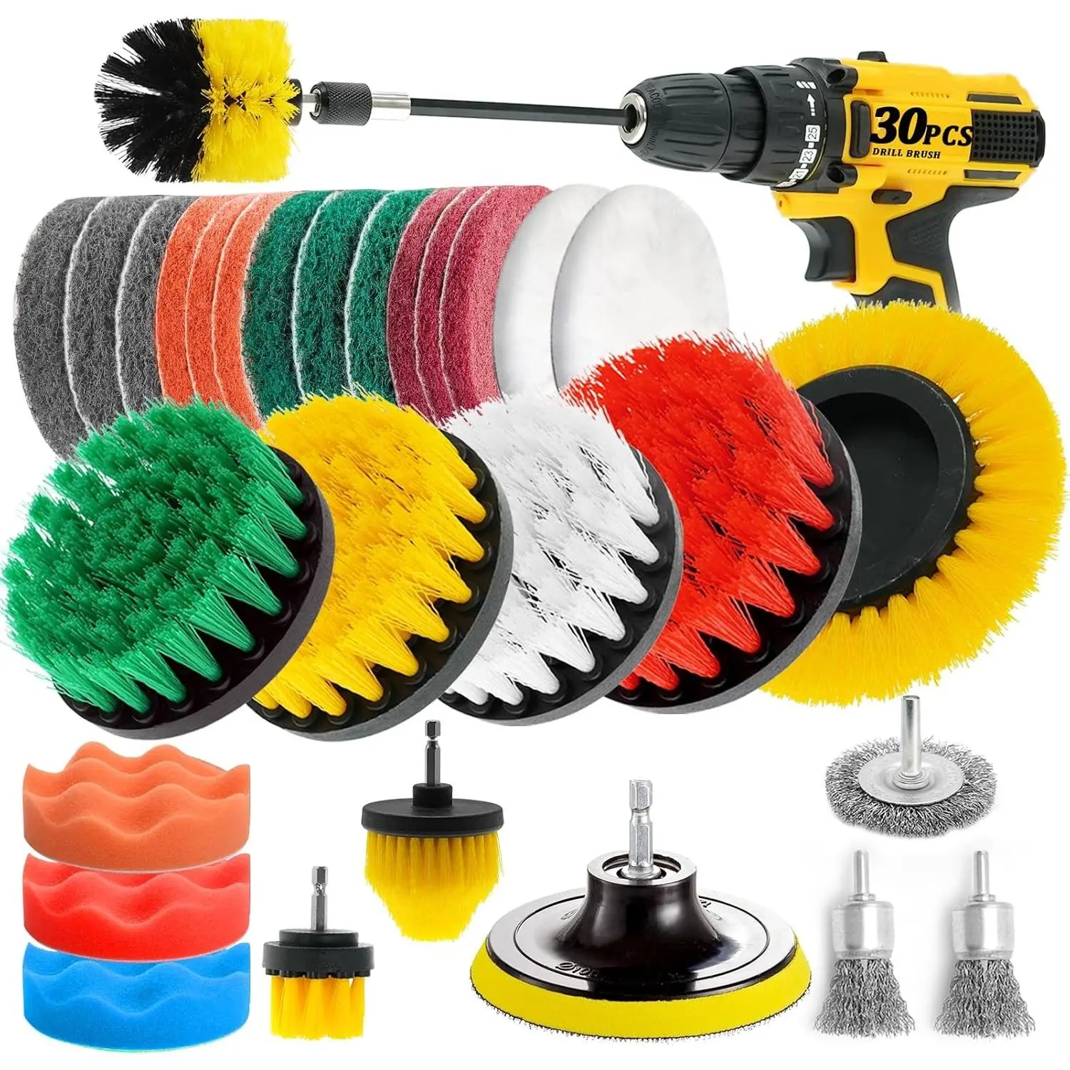 30 Piece Drill Brush Attachments Set, Scrub Pads & Sponge & Wire Brush for Drill, Power Scrubber Brush with Extend Long Attachment, Drill Scrubber Brush Kit for Bathroom, Floor, Car, GroutGift.