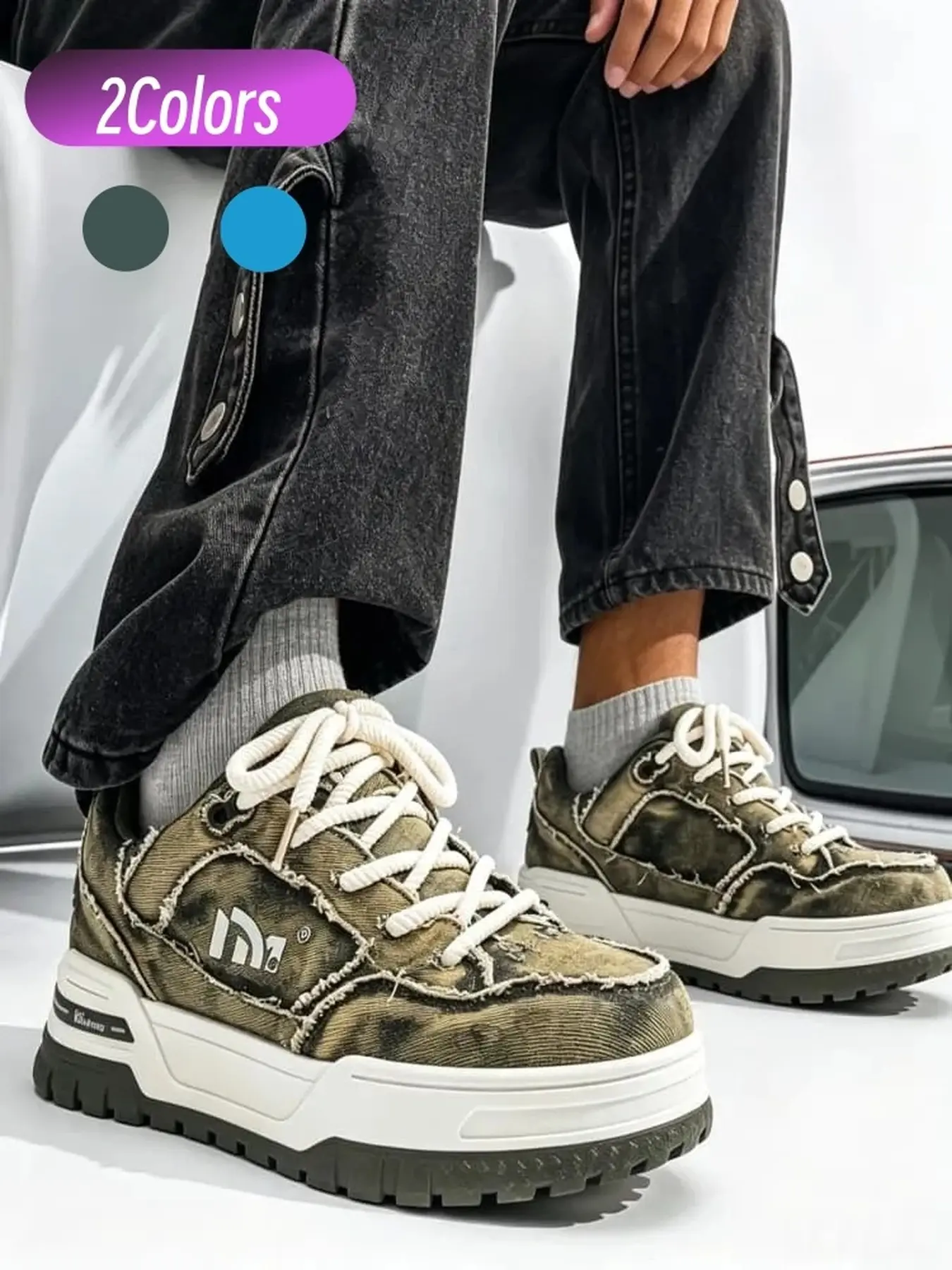 Distressed Frayed Men Denim Sneakers Vintage Street Style Wear-resistant Anti-slip Thick Sole Daily Commute Casual Sneakers